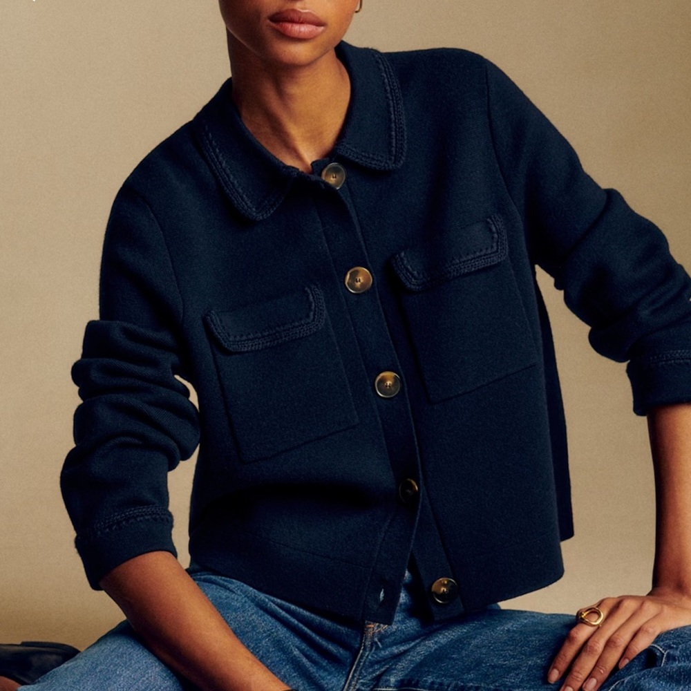 SEZANE: BETTY - Navy Button-Front 100% Wool Cardigan Jacket - Size Small